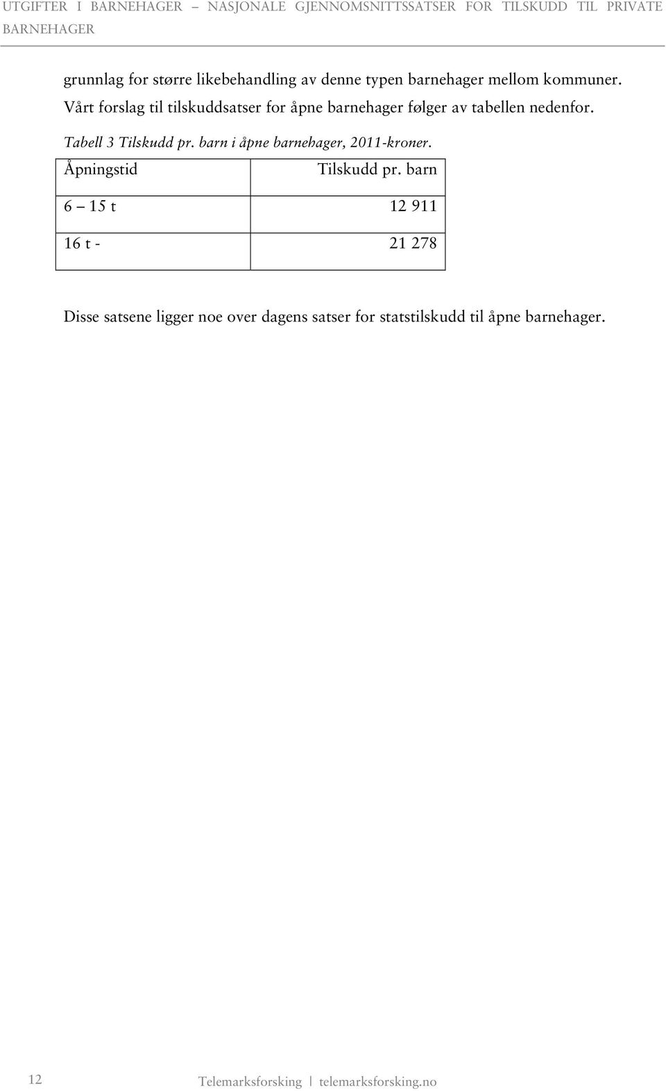 Tabell 3 Tilskudd pr. barn i åpne barnehager, 2011-kroner. Åpningstid Tilskudd pr.