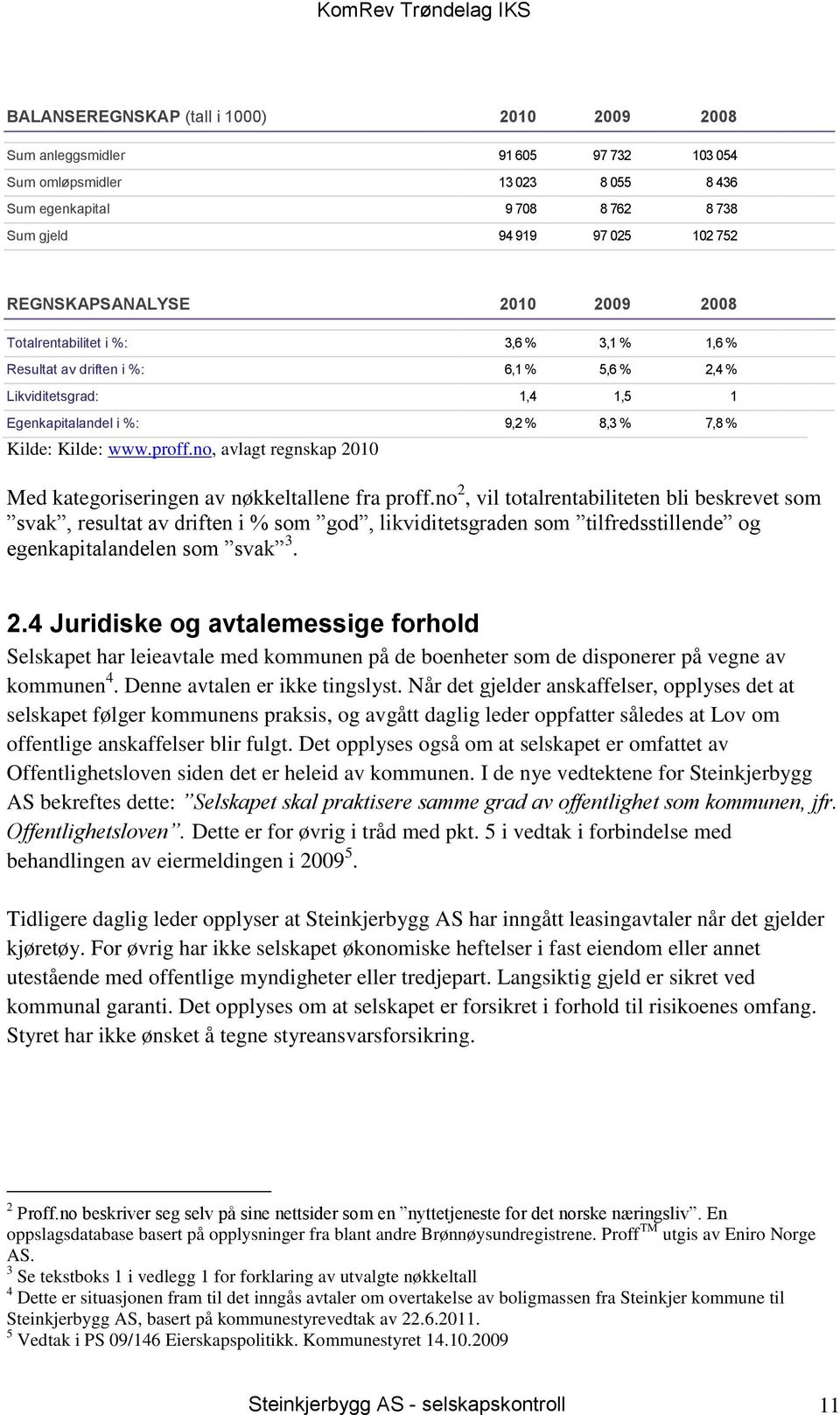 www.proff.no, avlagt regnskap 2010 Med kategoriseringen av nøkkeltallene fra proff.