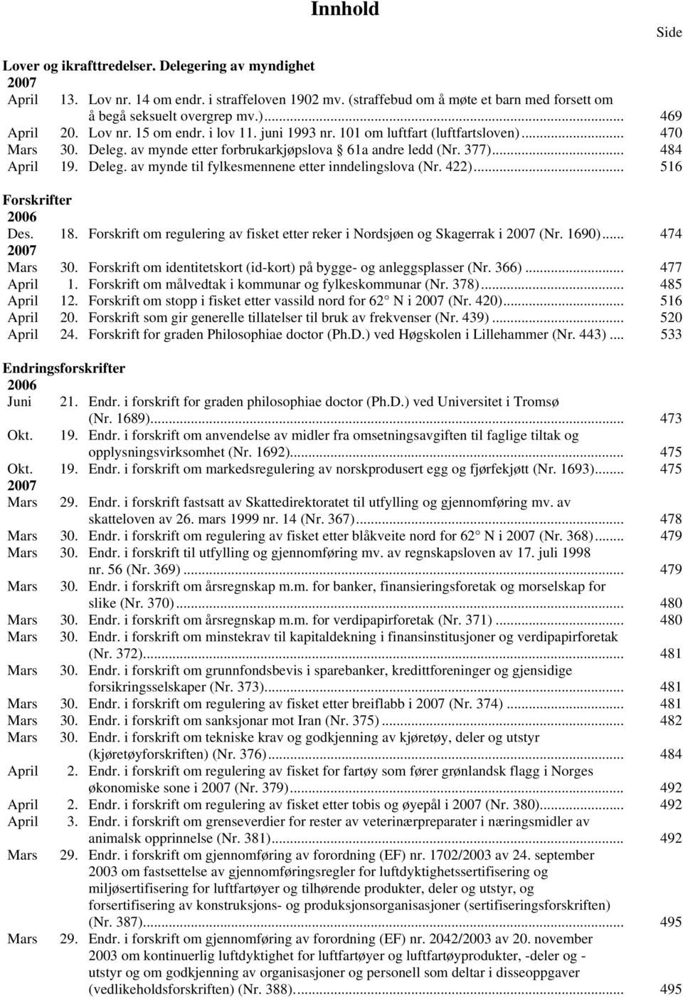 422)... 516 Forskrifter 2006 Des. 18. Forskrift om regulering av fisket etter reker i Nordsjøen og Skagerrak i 2007 (Nr. 1690)... 474 2007 Mars 30.