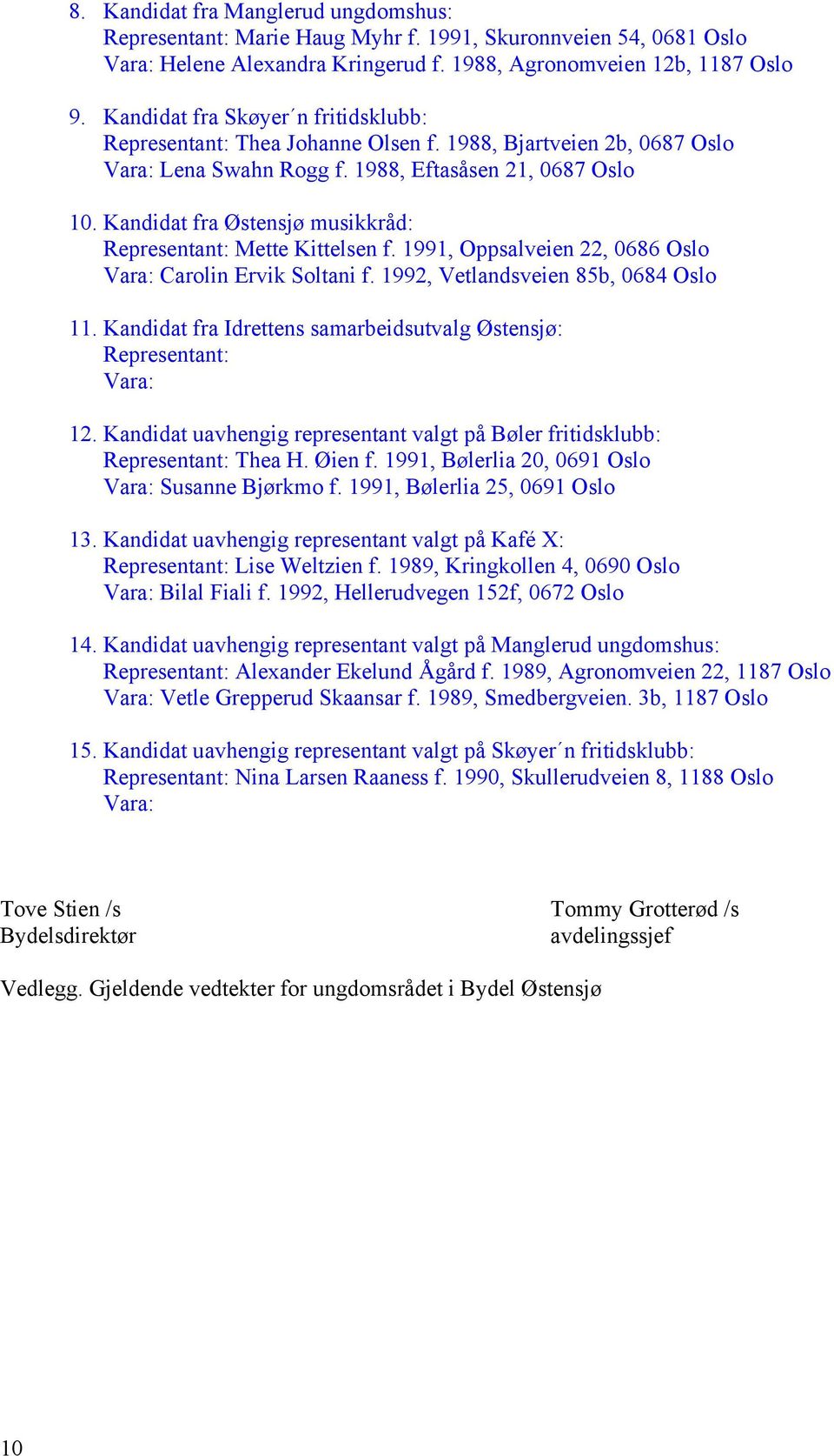 Kandidat fra Østensjø musikkråd: Representant: Mette Kittelsen f. 1991, Oppsalveien 22, 0686 Oslo Vara: Carolin Ervik Soltani f. 1992, Vetlandsveien 85b, 0684 Oslo 11.