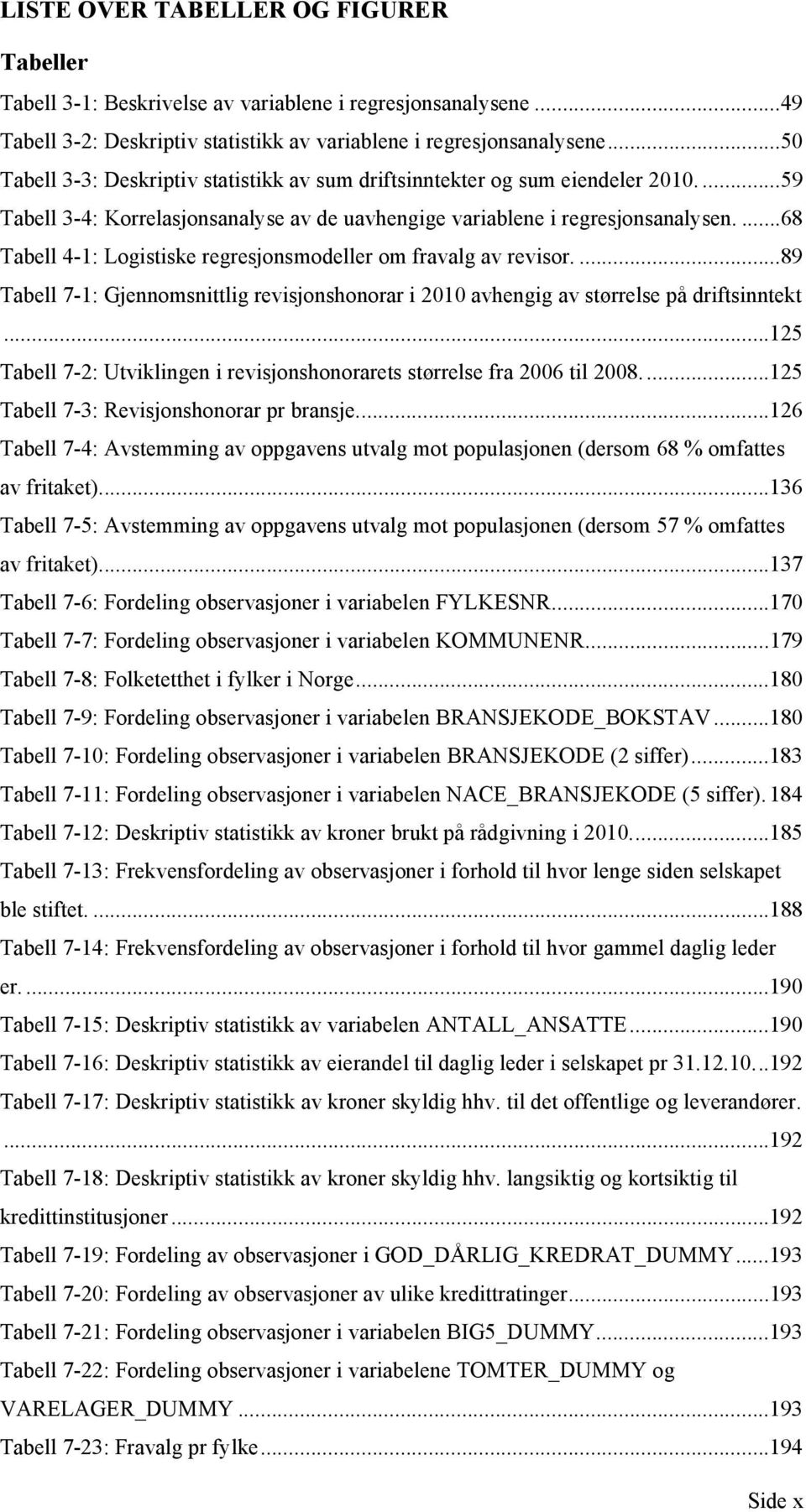 ...68 Tabell 4-1: Logistiske regresjonsmodeller om fravalg av revisor....89 Tabell 7-1: Gjennomsnittlig revisjonshonorar i 2010 avhengig av størrelse på driftsinntekt.