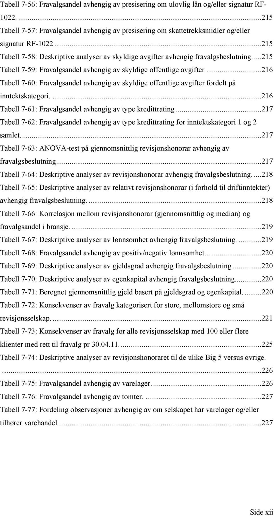 ..216 Tabell 7-60: Fravalgsandel avhengig av skyldige offentlige avgifter fordelt på inntektskategori....216 Tabell 7-61: Fravalgsandel avhengig av type kredittrating.