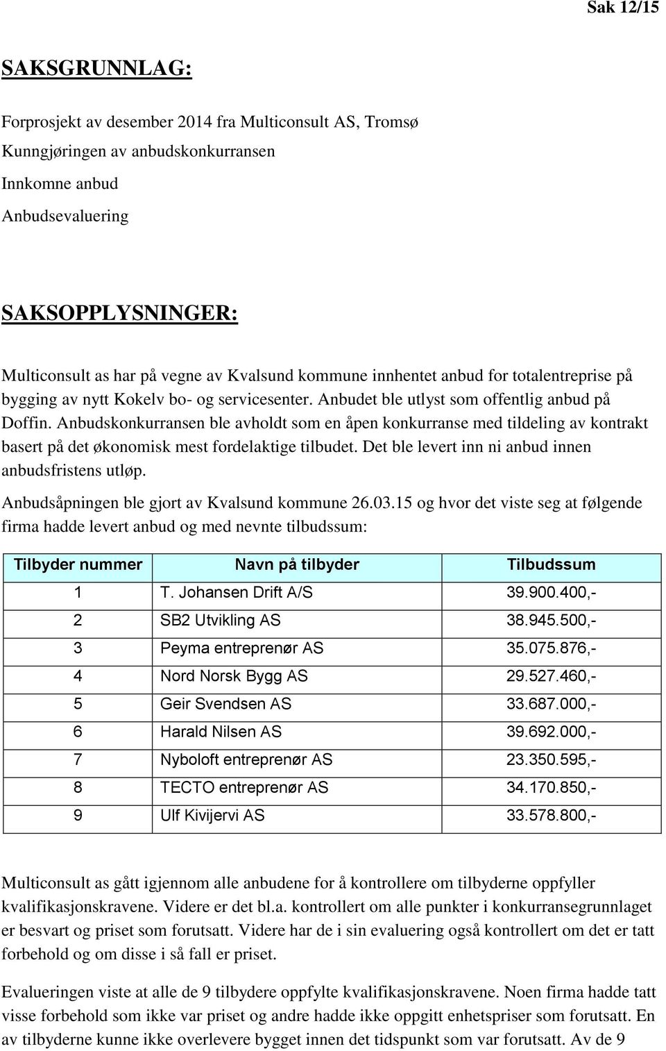 Anbudskonkurransen ble avholdt som en åpen konkurranse med tildeling av kontrakt basert på det økonomisk mest fordelaktige tilbudet. Det ble levert inn ni anbud innen anbudsfristens utløp.