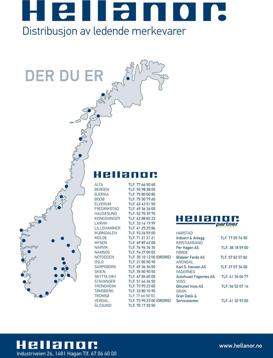 69 89 62 00 NARVIK TLF. 76 96 36 36 NAMSOS TLF. 74 27 00 02 NOTODDEN TLF. 35 10 12 00 (ORDRE) OSLO TLF. 21 00 50 90 SARPSBORG TLF. 69 36 36 00 SKIEN TLF. 35 50 90 50 SKYTTA (HK) TLF.