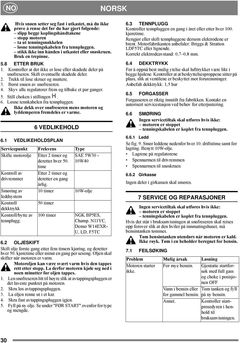 Trekk til løse skruer og muttere. 3. Børst snøen av snøfreseren. 4. Skyv alle regulatorer frem og tilbake et par ganger. 5. Still choken i stillingen. 6. Løsne tennkabelen fra tennpluggen.