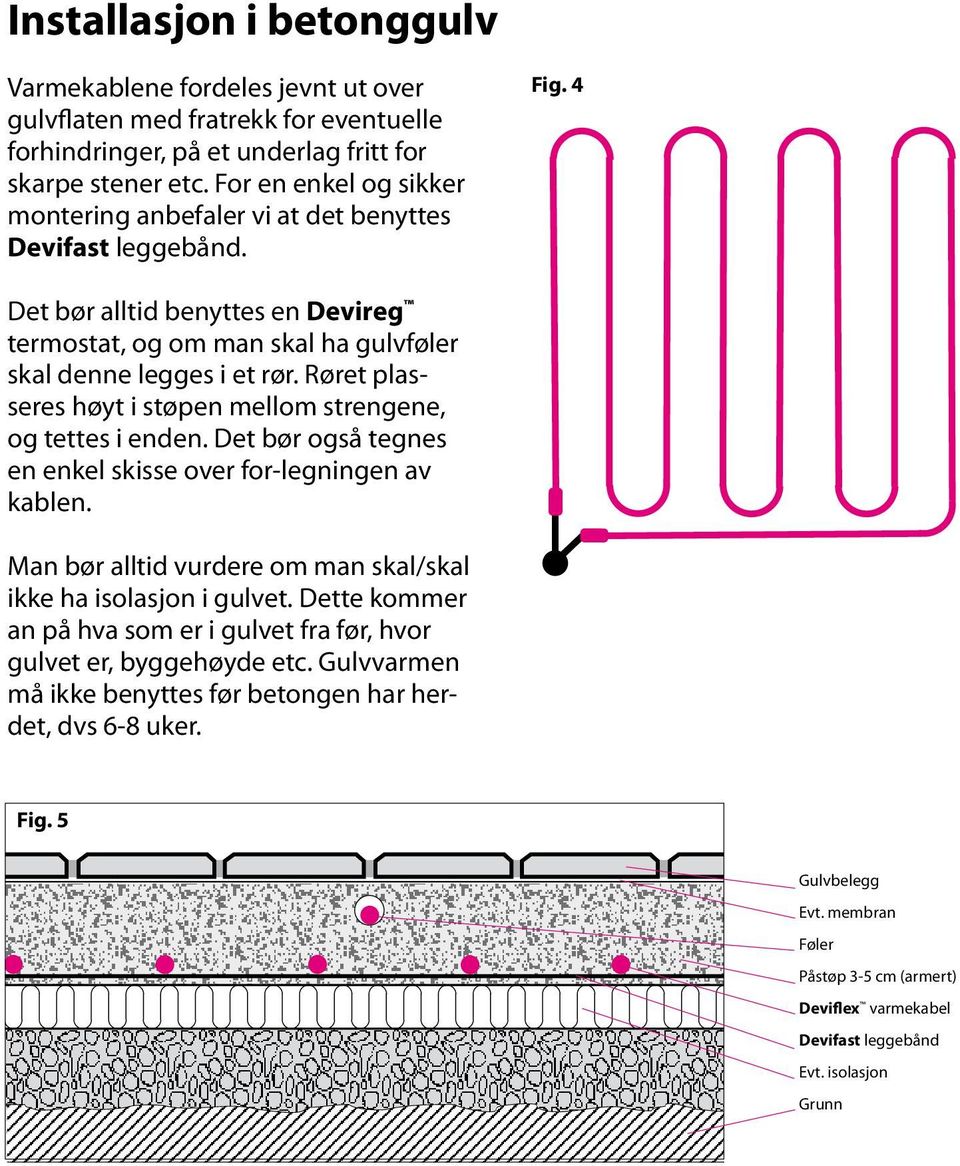 Røret plasseres høyt i støpen mellom strengene, og tettes i enden. Det bør også tegnes en enkel skisse over forlegningen av kablen. Man bør alltid vurdere om man skal/skal ikke ha isolasjon i gulvet.