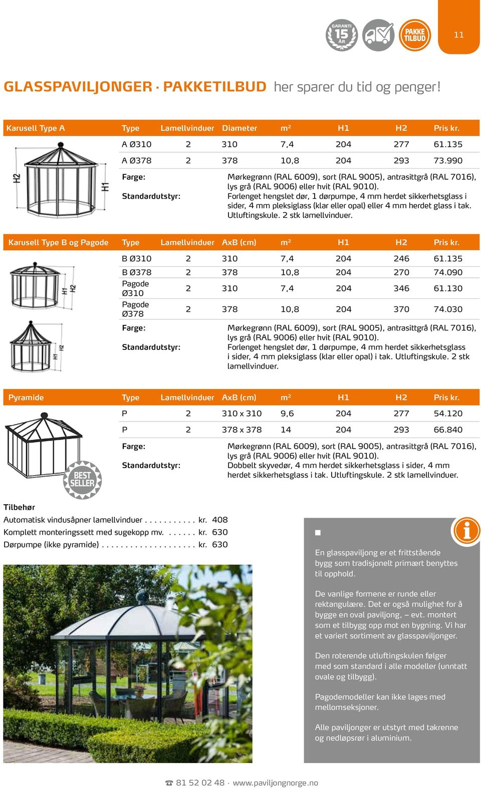 Forlenget hengslet dør, 1 dørpumpe, 4 mm herdet sikkerhetsglass i sider, 4 mm pleksiglass (klar eller opal) eller 4 mm herdet glass i tak. Utluftingskule. 2 stk lamellvinduer.