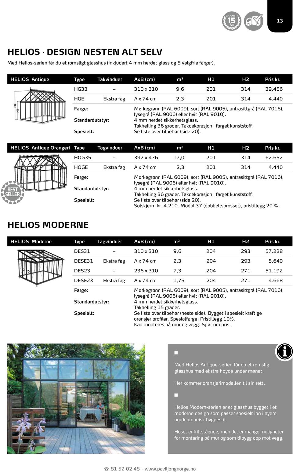 440 Farge: Mørkegrønn (RAL 6009), sort (RAL 9005), antrasittgrå (RAL 7016), lysegrå (RAL 9006) eller hvit (RAL 9010). 4 mm herdet sikkerhetsglass. Takhelling 36 grader.