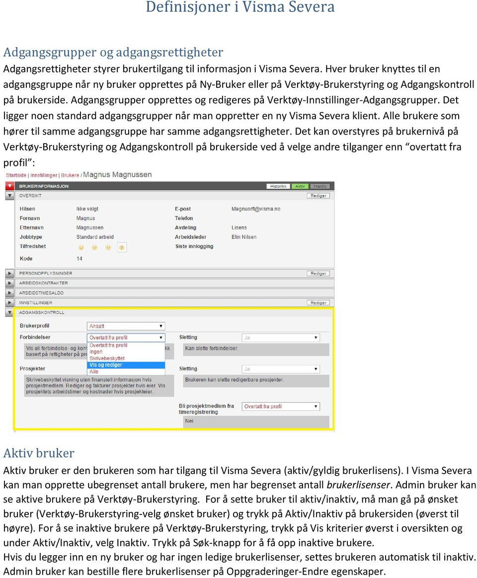 Adgangsgrupper opprettes og redigeres på Verktøy-Innstillinger-Adgangsgrupper. Det ligger noen standard adgangsgrupper når man oppretter en ny Visma Severa klient.