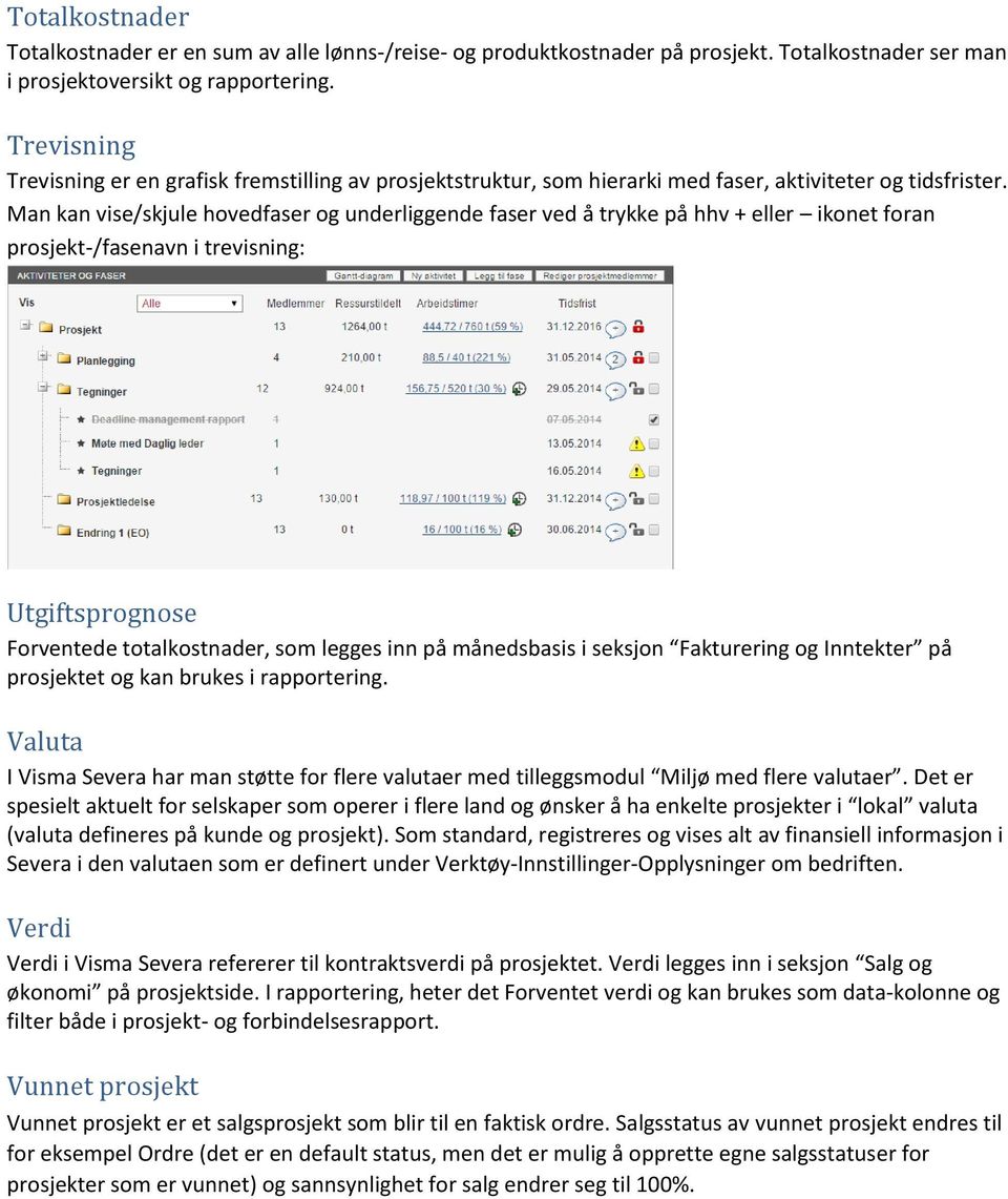 Man kan vise/skjule hovedfaser og underliggende faser ved å trykke på hhv + eller ikonet foran prosjekt-/fasenavn i trevisning: Utgiftsprognose Forventede totalkostnader, som legges inn på