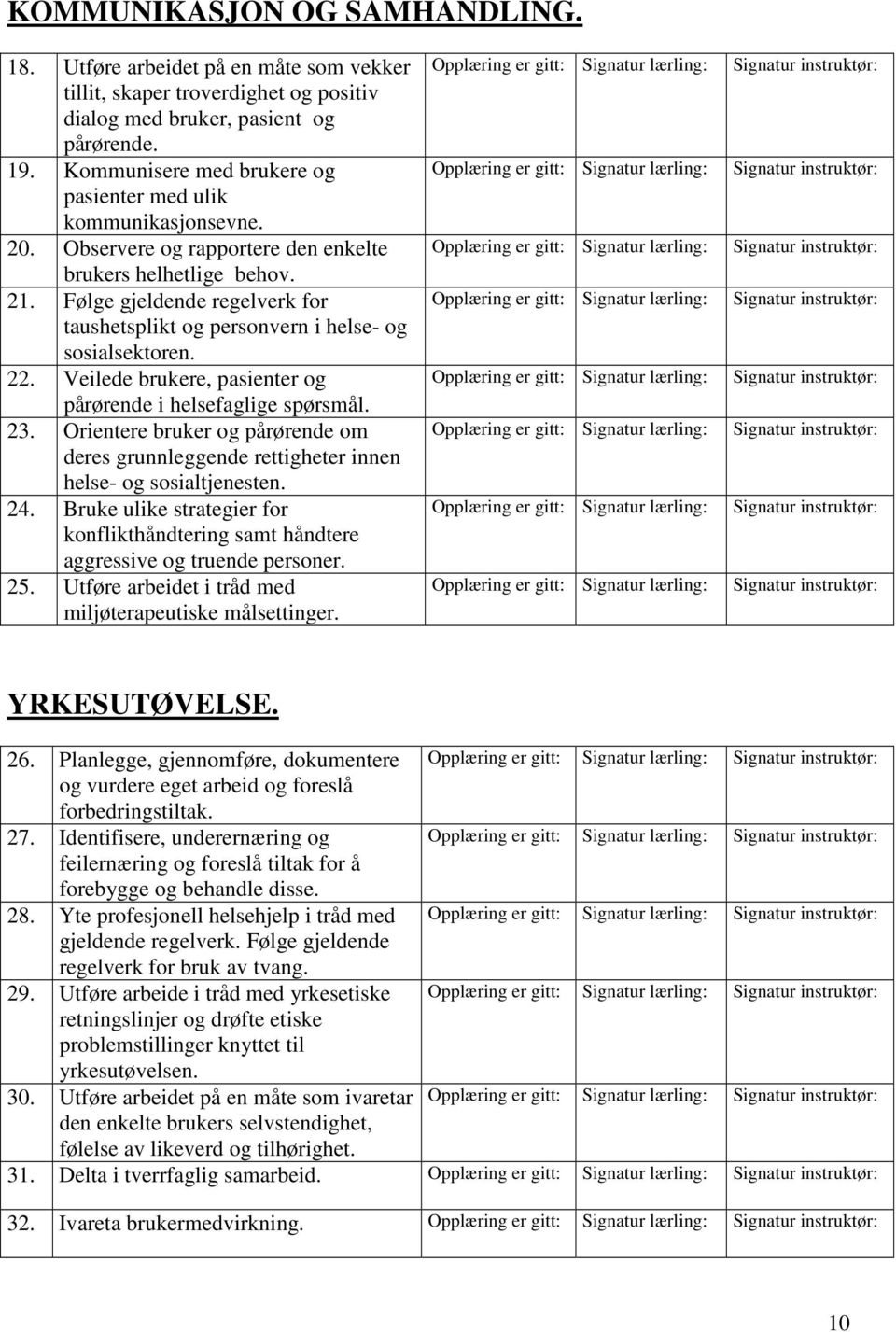 Følge gjeldende regelverk for taushetsplikt og personvern i helse- og sosialsektoren. 22. Veilede brukere, pasienter og pårørende i helsefaglige spørsmål. 23.