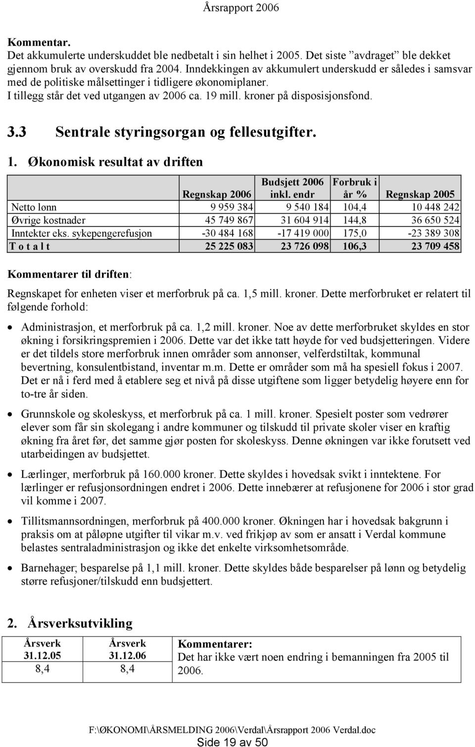 3 Sentrale styringsorgan og fellesutgifter. 1. Økonomisk resultat av driften Regnskap 2006 Budsjett 2006 inkl.