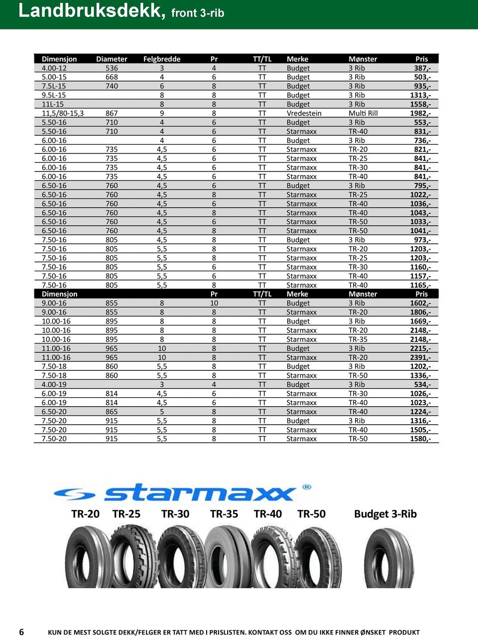 50-16 710 4 6 TT starmaxx Tr-40 831,- 6.00-16 4 6 TT Budget 3 rib 736,- 6.00-16 735 4,5 6 TT starmaxx Tr-20 821,- 6.00-16 735 4,5 6 TT starmaxx Tr-25 841,- 6.00-16 735 4,5 6 TT starmaxx Tr-30 841,- 6.