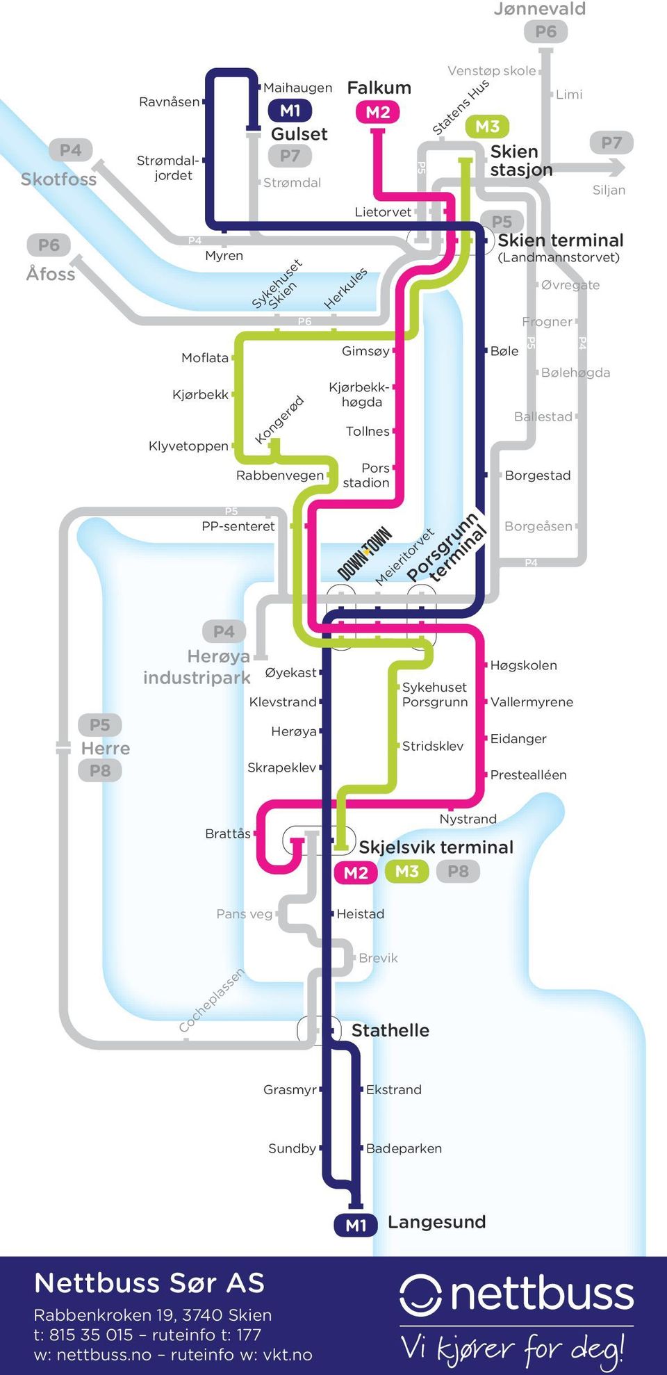 Borgestad P5 PP-senteret Meieritorvet Porsgrunn terminal Borgeåsen P4 P5 Herre P8 P4 Herøya Øyekast industripark Klevstrand Herøya Skrapeklev Sykehuset Porsgrunn Stridsklev Høgskolen Vallermyrene