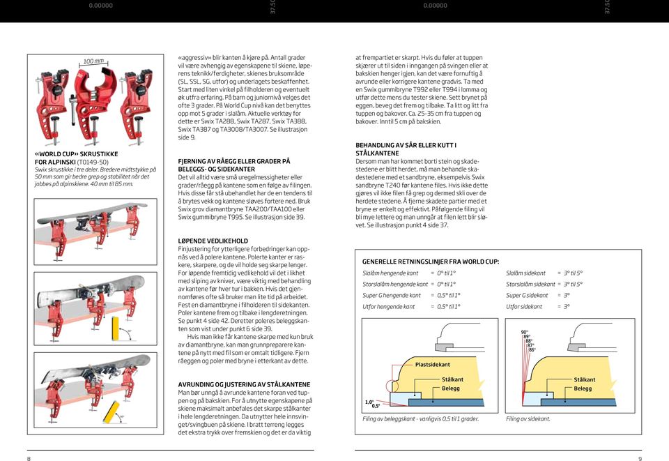 Start med liten vinkel på filholderen og eventuelt øk utfra erfaring. På barn og juniornivå velges det ofte 3 grader. På World Cup nivå kan det benyttes opp mot 5 grader i slalåm.