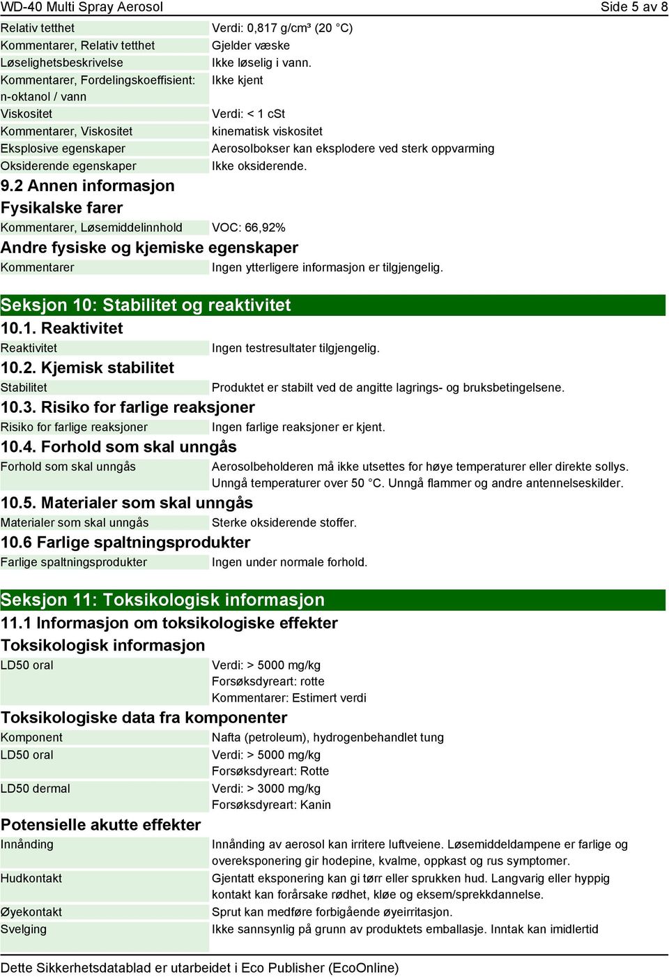 Ikke kjent Verdi: < 1 cst kinematisk viskositet Aerosolbokser kan eksplodere ved sterk oppvarming Ikke oksiderende. 9.