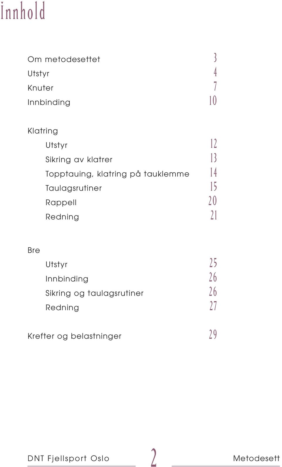 14 Taulagsrutiner 15 Rappell 20 Redning 21 Bre Utstyr 25 Innbinding