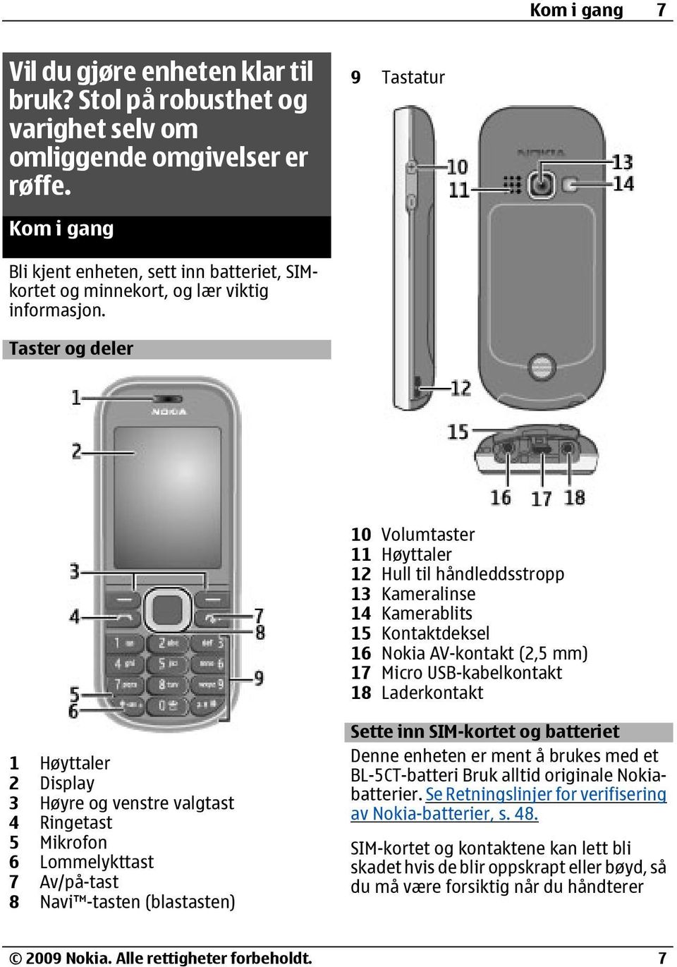 Taster og deler 10 Volumtaster 11 Høyttaler 12 Hull til håndleddsstropp 13 Kameralinse 14 Kamerablits 15 Kontaktdeksel 16 Nokia AV-kontakt (2,5 mm) 17 Micro USB-kabelkontakt 18 Laderkontakt 1