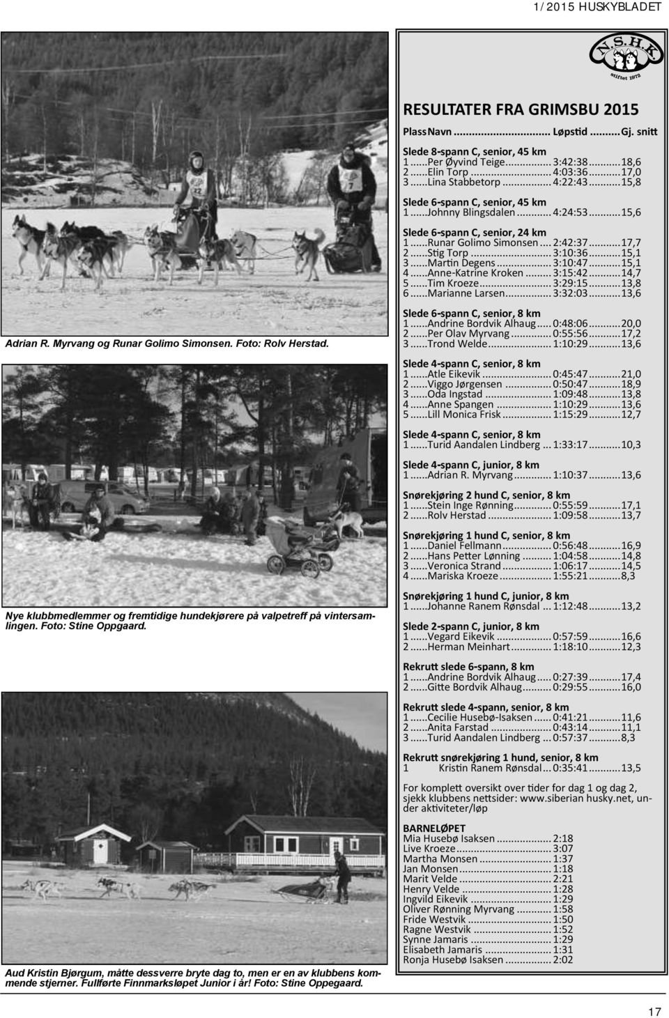 .. Løpstid... Gj. snitt Slede 8-spann C, senior, 45 km 1...Per Øyvind Teige... 3:42:38... 18,6 2...Elin Torp... 4:03:36... 17,0 3...Lina Stabbetorp... 4:22:43... 15,8 Slede 6-spann C, senior, 45 km 1.