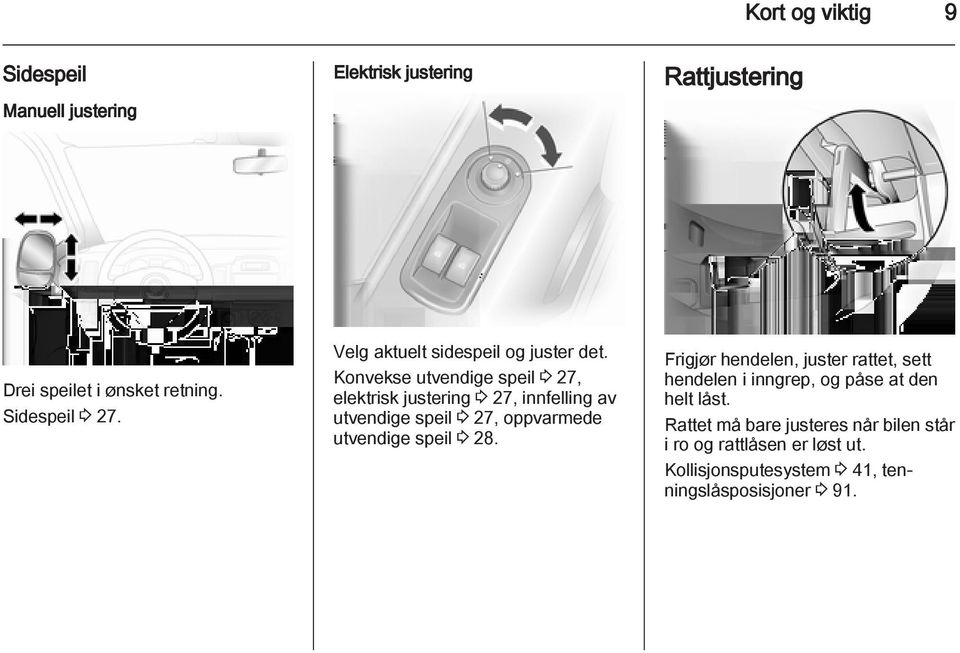 Konvekse utvendige speil 3 27, elektrisk justering 3 27, innfelling av utvendige speil 3 27, oppvarmede utvendige speil 3 28.