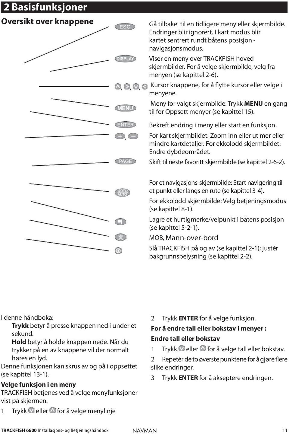 Trykk MENU en gang til for Oppsett menyer (se kapittel 15). Bekreft endring i meny eller start en funksjon. For kart skjermbildet: Zoom inn eller ut mer eller mindre kartdetaljer.