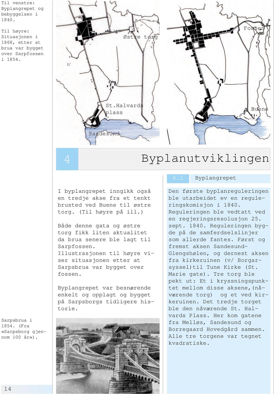 ) åde denne gata og østre torg fikk liten aktualitet da brua senere ble lagt til Sarpfossen. Illustrasjonen til høyre viser situasjonen etter at Sarpsbrua var bygget over fossen.