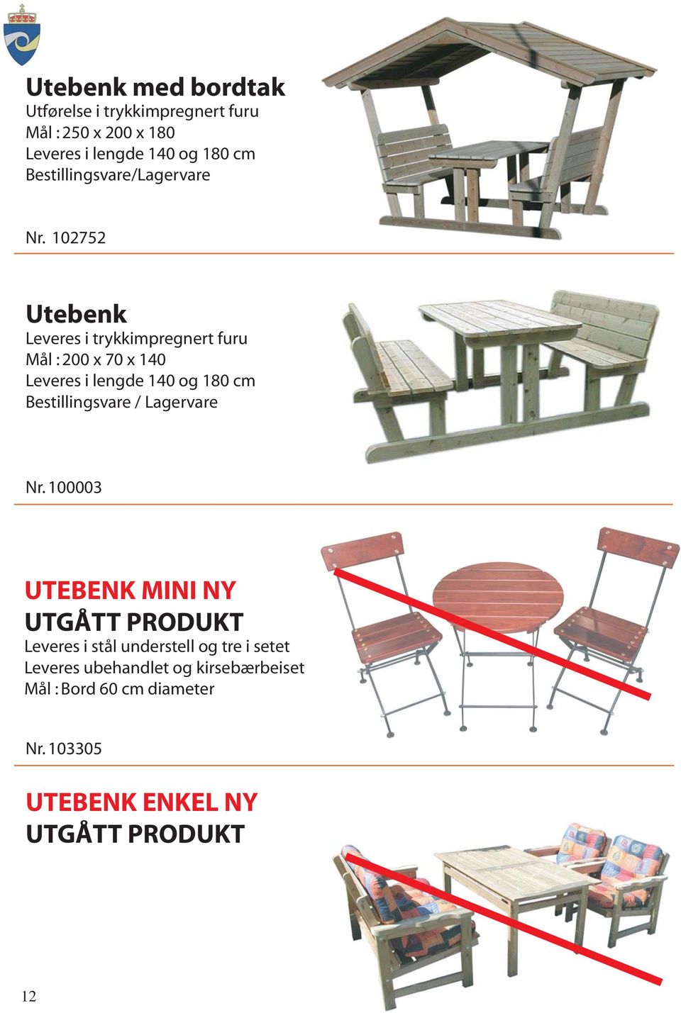 102752 Utebenk Leveres i trykkimpregnert furu Mål : 200 x 70 x 140 Leveres i lengde 140 og 180 cm Bestillingsvare