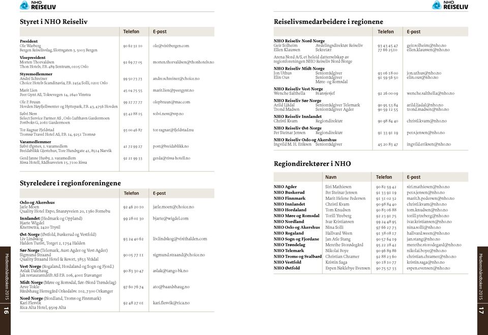 schreiner@choice.no Choice Hotels Scandinavia, P.B. 2454 Solli, 0201 Oslo Marit Lien 45 04 75 55 marit.lien@peergynt.no Peer Gynt AS, Toksevegen 14, 2640 Vinstra Ole P.