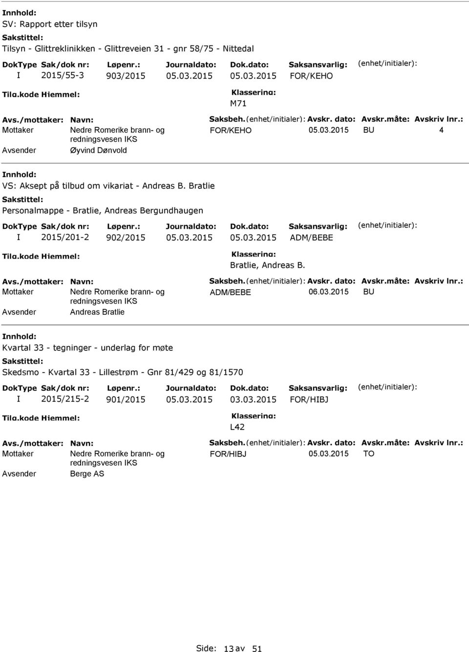 Bratlie Personalmappe - Bratlie, Andreas Bergundhaugen 2015/201-2 902/2015 ADM/BEBE Bratlie, Andreas B. Avs./mottaker: Navn: Saksbeh. Avskr. dato: Avskr.måte: Avskriv lnr.