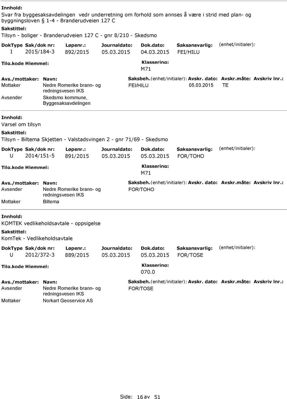 : FE/HL TE Avsender Skedsmo kommune, Byggesaksavdelingen Varsel om tilsyn Tilsyn - Biltema Skjetten - Valstadsvingen 2 - gnr 71/69 - Skedsmo 2014/151-5 891/2015 FOR/TOHO Avs./mottaker: Navn: Saksbeh.