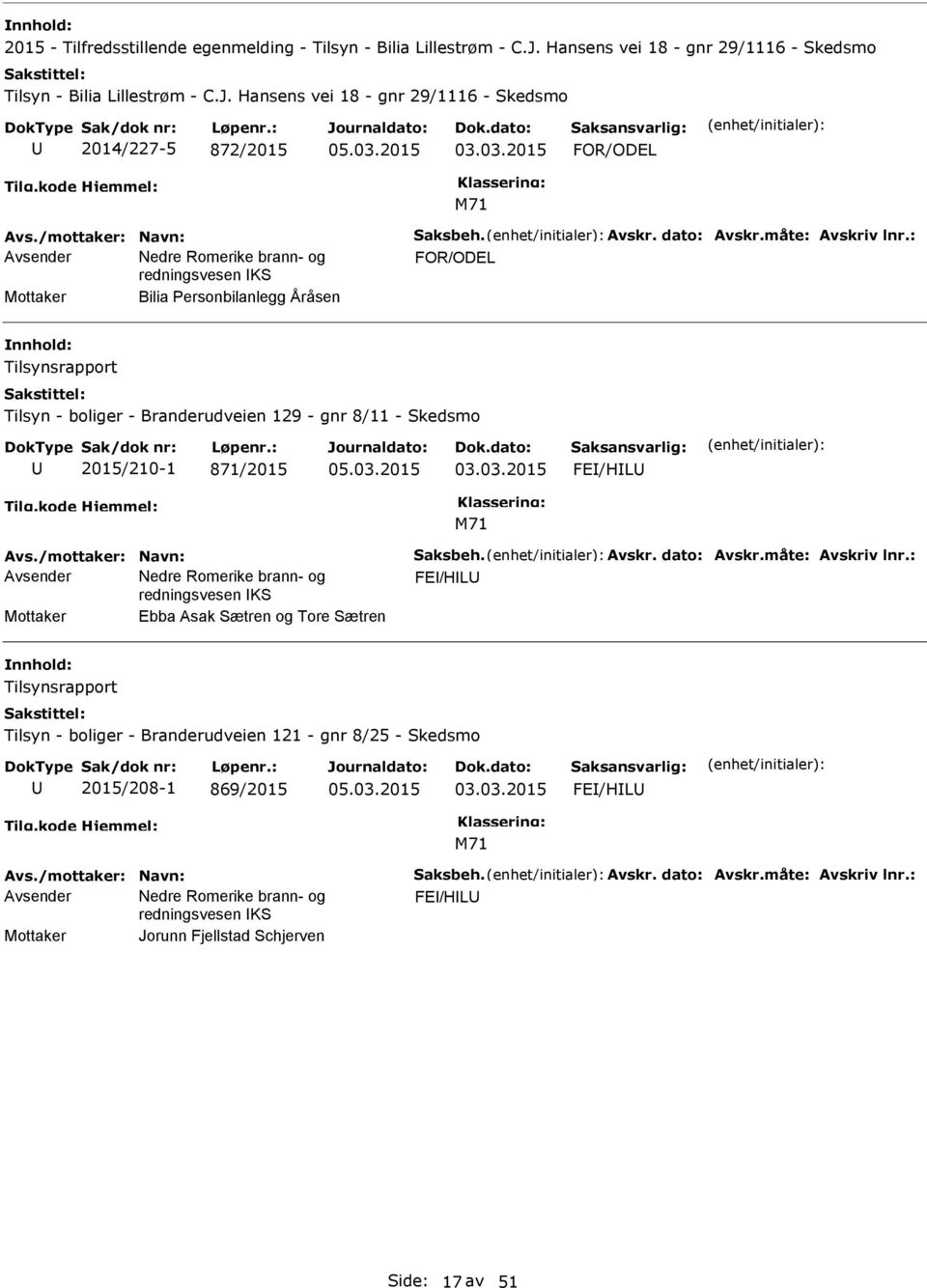 : FOR/ODEL Mottaker Bilia Personbilanlegg Åråsen Tilsynsrapport Tilsyn - boliger - Branderudveien 129 - gnr 8/11 - Skedsmo 2015/210-1 871/2015 FE/HL Avs.