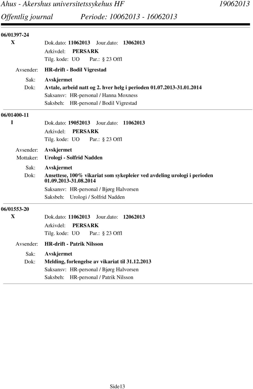 2014 Saksansv: HR-personal / Bjørg Halvorsen Saksbeh: Urologi / Solfrid Nadden 06/01553-20 X Dok.dato: 11062013 Jour.