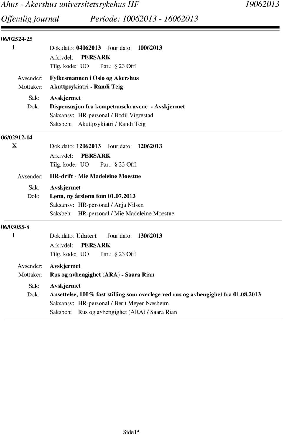 Akuttpsykiatri / Randi Teig 06/02912-14 X Dok.dato: 12062013 Jour.dato: 12062013 HR-drift - Mie Madeleine Moestue Lønn, ny årslønn fom 01.07.