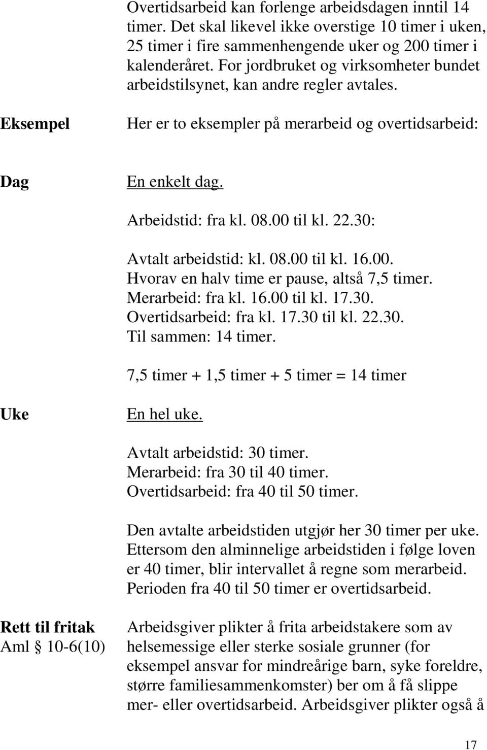 30: Avtalt arbeidstid: kl. 08.00 til kl. 16.00. Hvorav en halv time er pause, altså 7,5 timer. Merarbeid: fra kl. 16.00 til kl. 17.30. Overtidsarbeid: fra kl. 17.30 til kl. 22.30. Til sammen: 14 timer.