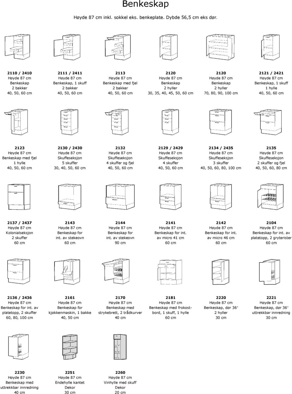 40, 45, 50, 70, 80, 90, 100 cm 2123 2130 / 2430 2132 2129 / 2429 Benkeskap med fjel Skuffeseksjon Skuffeseksjon Skuffeseksjon 1 hylle 5 skuffer 4 skuffer og fjel 4 skuffer 30, 2134 / 2435 2135