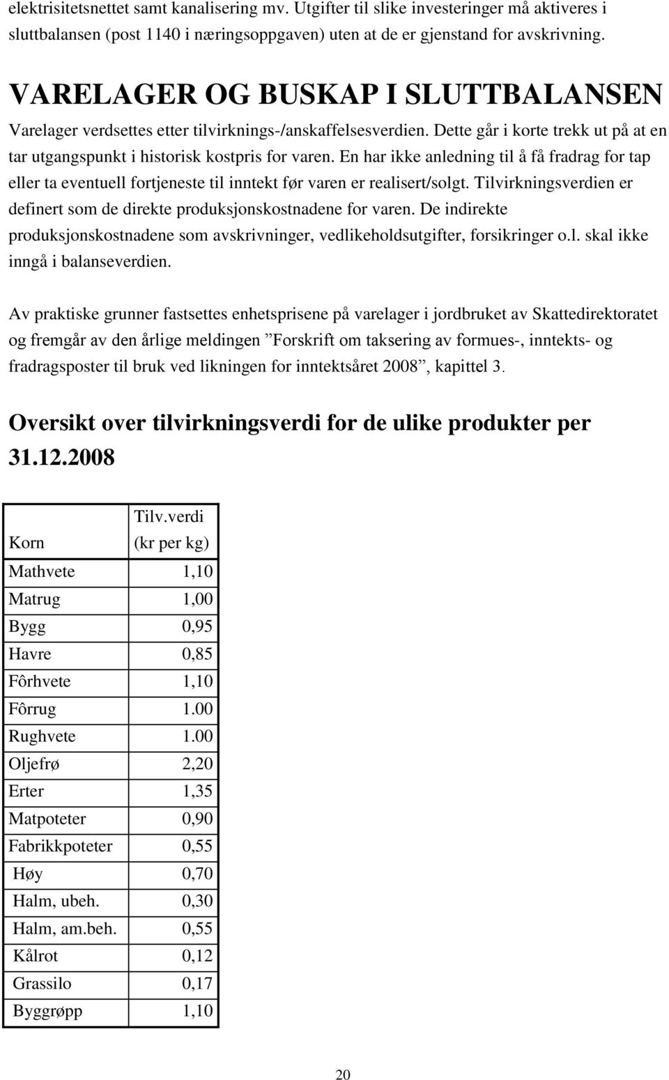 En har ikke anledning til å få fradrag for tap eller ta eventuell fortjeneste til inntekt før varen er realisert/solgt. Tilvirkningsverdien er definert som de direkte produksjonskostnadene for varen.