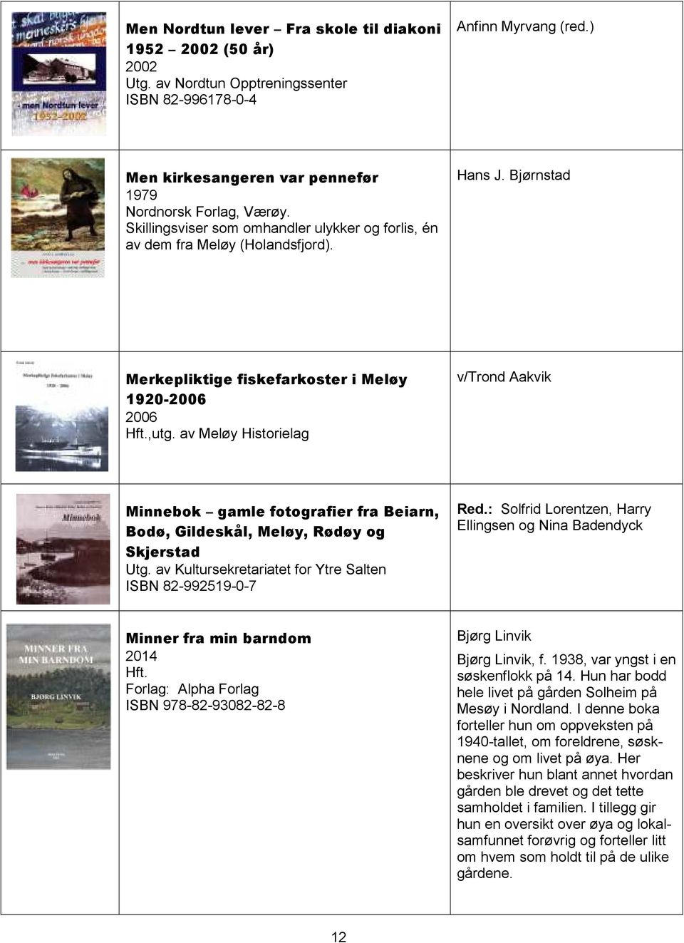 av Meløy Historielag v/trond Aakvik Minnebok gamle fotografier fra Beiarn, Bodø, Gildeskål, Meløy, Rødøy og Skjerstad Utg. av Kultursekretariatet for Ytre Salten ISBN 82-992519-0-7 Red.