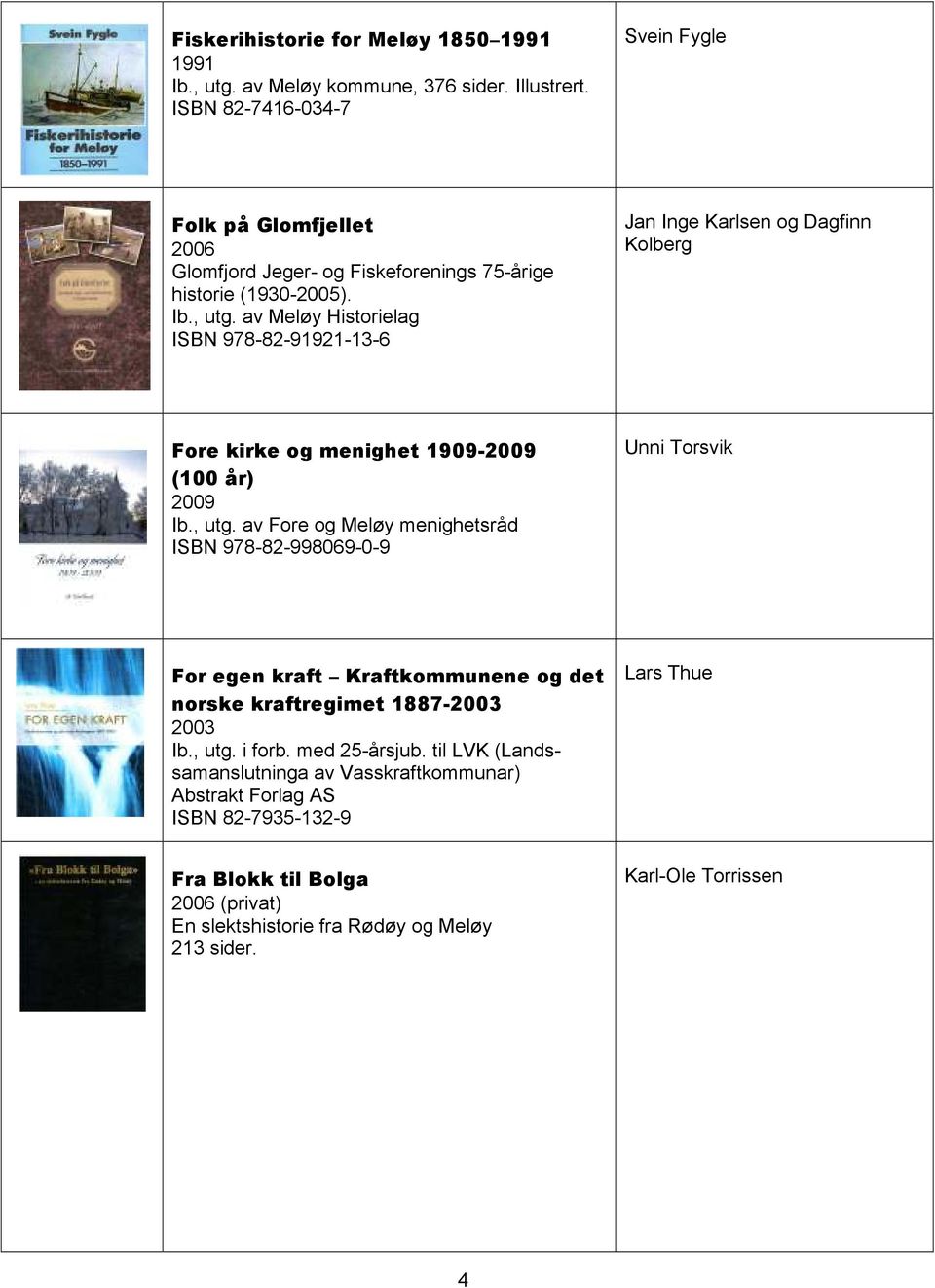 av Meløy Historielag ISBN 978-82-91921-13-6 Jan Inge Karlsen og Dagfinn Kolberg Fore kirke og menighet 1909-2009 (100 år) 2009 Ib., utg.