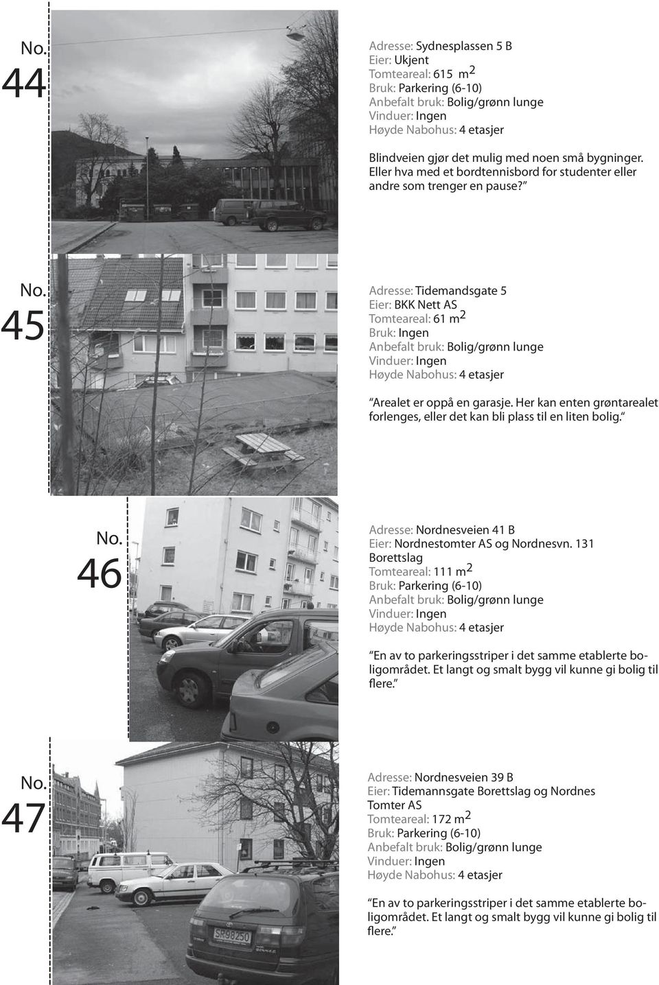 45 Adresse: Tidemandsgate 5 Eier: BKK Nett AS Tomteareal: 61 m 2 Bruk: Ingen Høyde Nabohus: 4 etasjer Arealet er oppå en garasje.