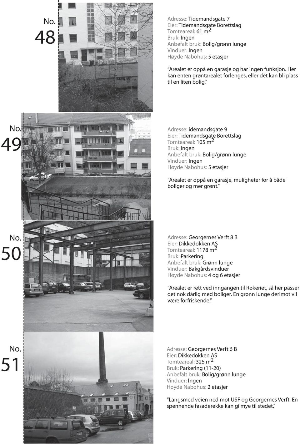 49 Adresse: idemandsgate 9 Eier: Tidemandsgate Borettslag Tomteareal: 105 m 2 Bruk: Ingen Arealet er oppå en garasje, muligheter for å både boliger og mer grønt.