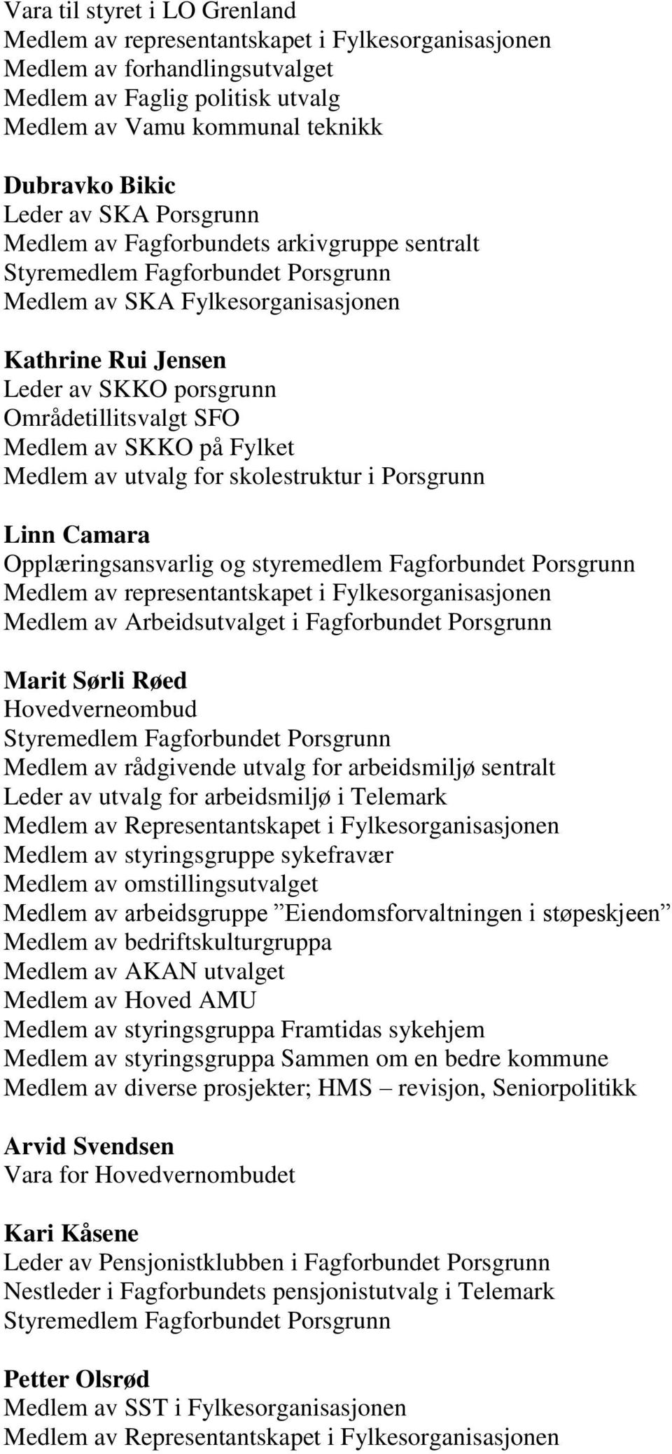 Medlem av SKKO på Fylket Medlem av utvalg for skolestruktur i Porsgrunn Linn Camara Opplæringsansvarlig og styremedlem Fagforbundet Porsgrunn Medlem av representantskapet i Fylkesorganisasjonen