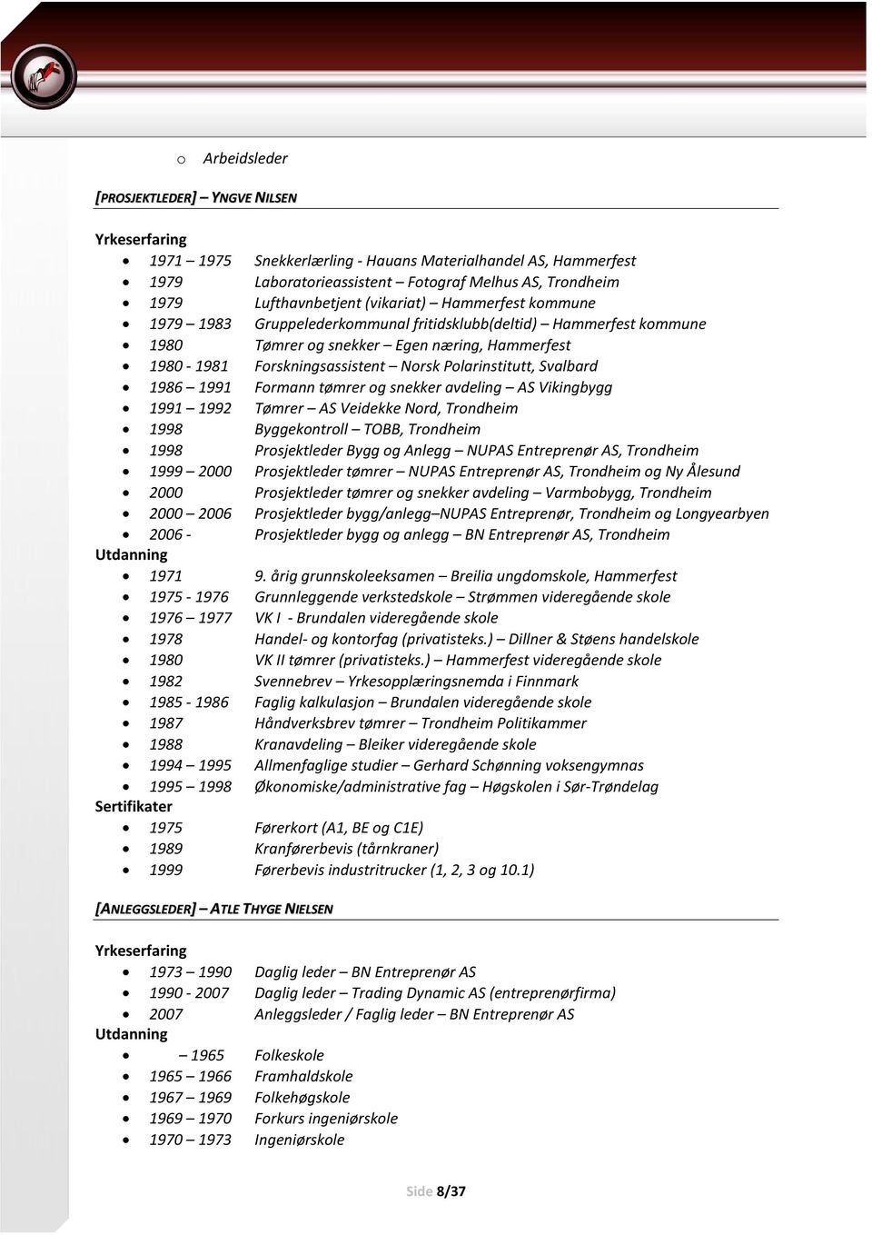 Svalbard 1986 1991 Formann tømrer og snekker avdeling AS Vikingbygg 1991 1992 Tømrer AS Veidekke Nord, Trondheim 1998 Byggekontroll TOBB, Trondheim 1998 Prosjektleder Bygg og Anlegg NUPAS Entreprenør