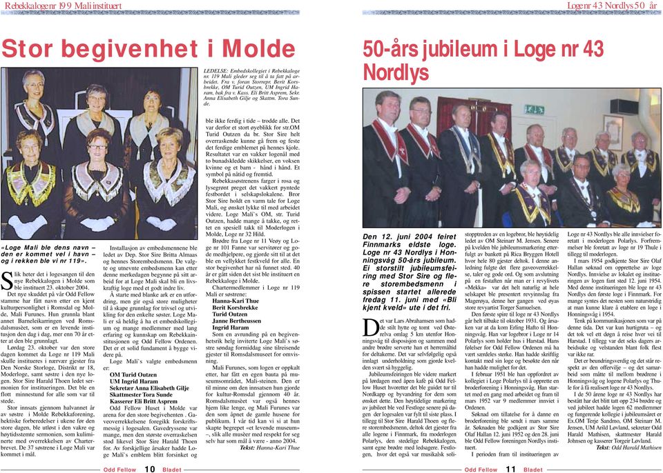 50-års jubileum i Loge nr 43 Nordlys «Loge Mali ble dens navn den er kommet vel i havn og i rekken ble vi nr 119». Slik heter det i logesangen til den nye Rebekkalogen i Molde som ble instituert 23.