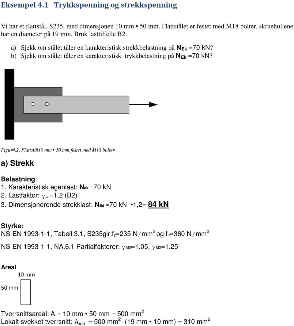 2, Flattstål10 mm 50 mm festet med M18 bolter a) Strekk Belastning: 1. Karakteristisk egenlast: Nek =70 kn 2. Lastfaktor: γg =1,2 (B2) 3.