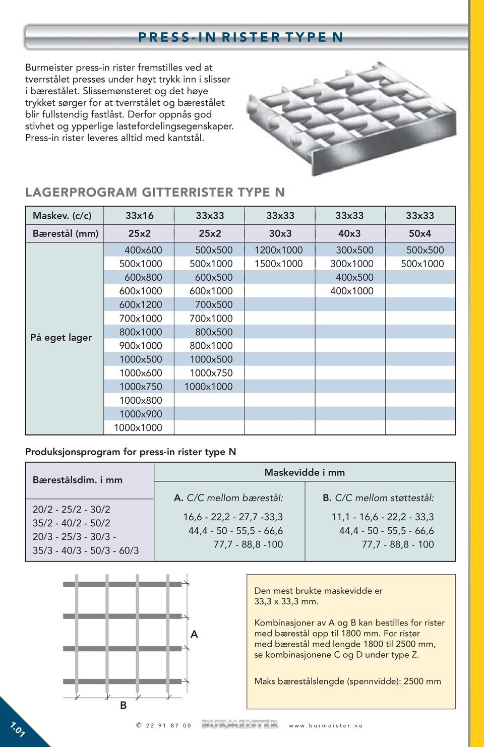 Press-in rister leveres alltid med kantstål. LAGERPROGRAM GITTERRISTER TYPE N Maskev.