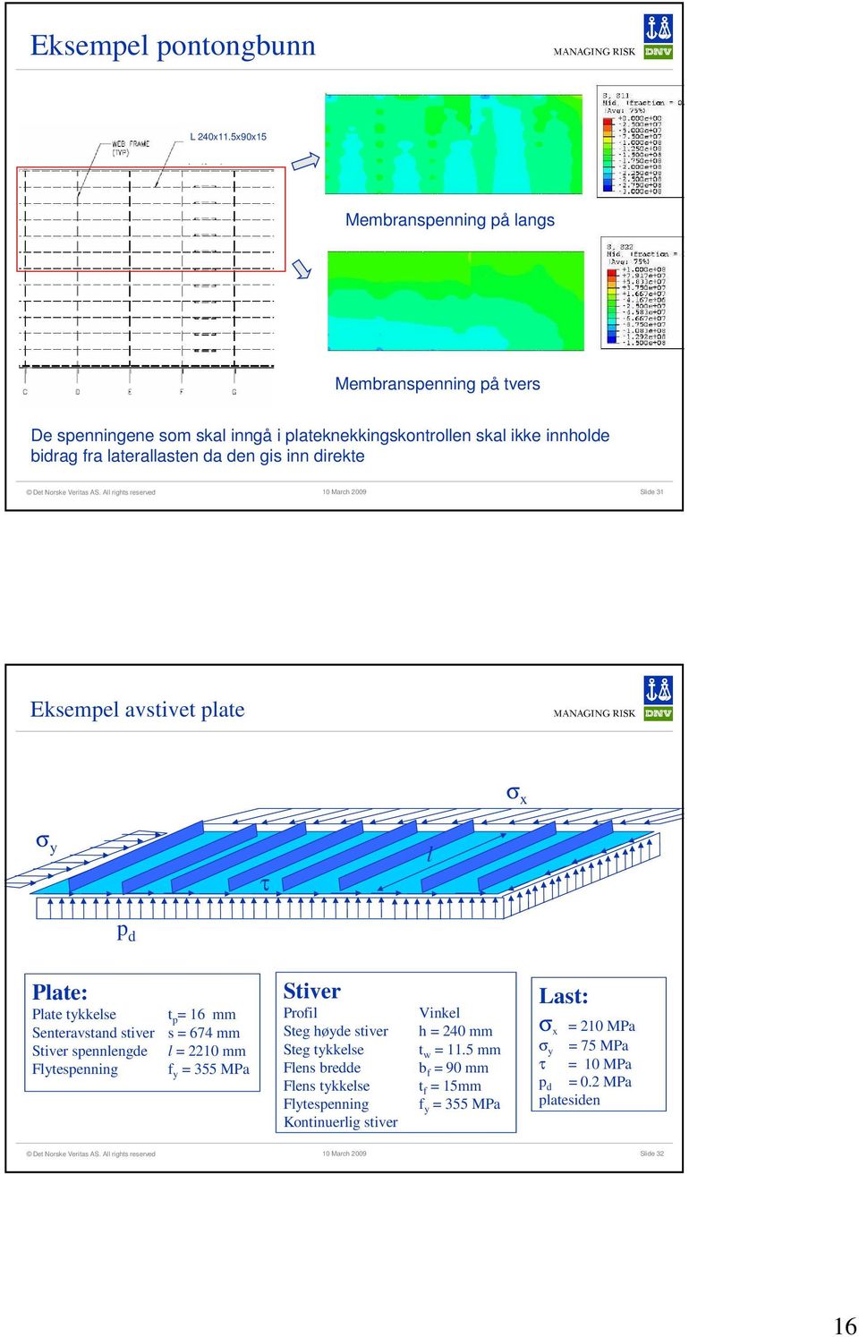 da den gis inn direkte Slide 31 Eksempel avstivet plate σ x σ y τ l p d Plate: Plate tykkelse Senteravstand stiver Stiver spennlengde Flytespenning t p = 16