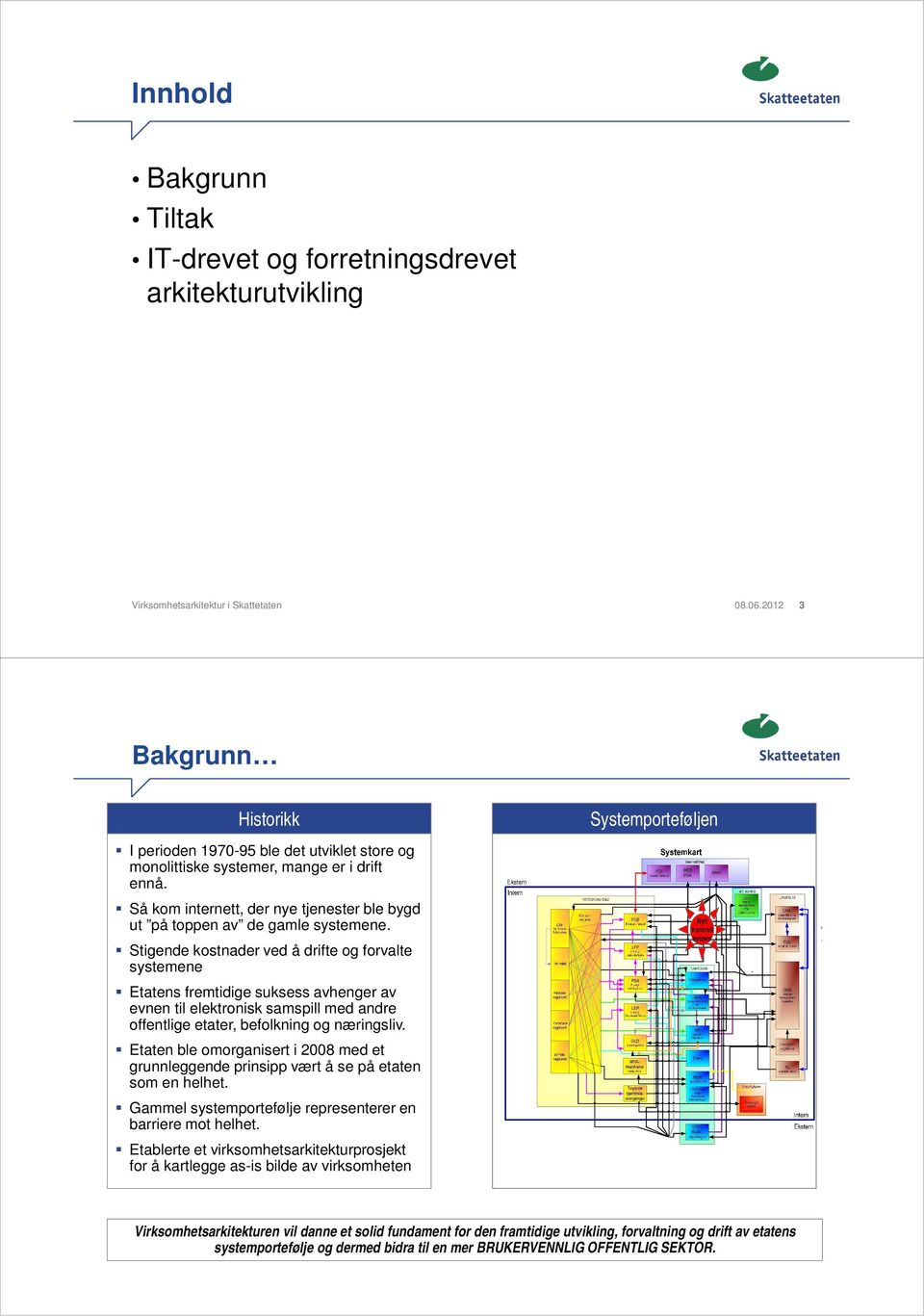 Stigende kostnader ved å drifte og forvalte systemene Etatens fremtidige suksess avhenger av evnen til elektrisk samspill med andre offentlige etater, befolkning og næringsliv.