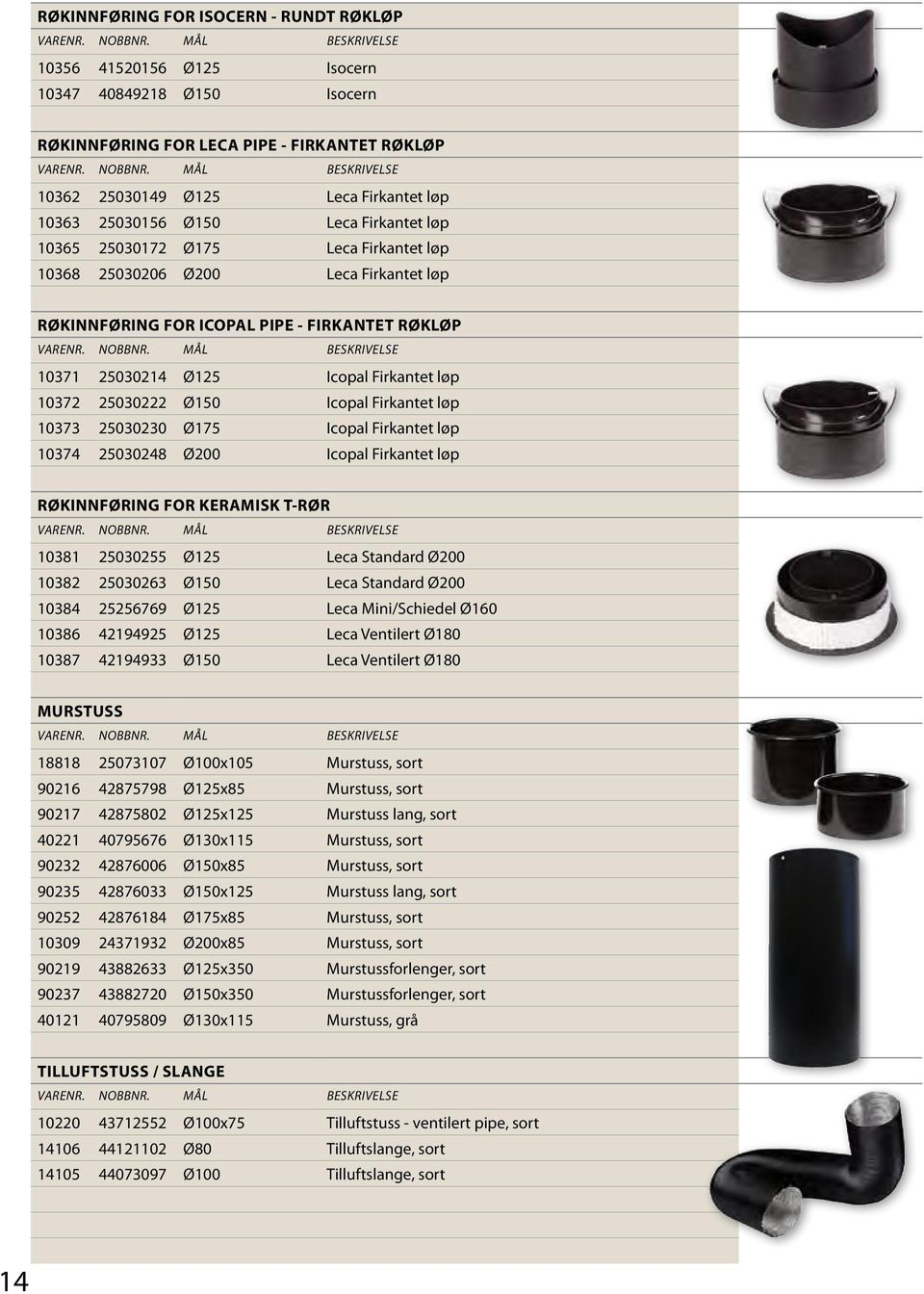 25030222 Ø150 Icopal Firkantet løp 10373 25030230 Ø175 Icopal Firkantet løp 10374 25030248 Ø200 Icopal Firkantet løp RØKINNFØRING FOR KERAMISK T-RØR 10381 25030255 Ø125 Leca Stanar Ø200 10382