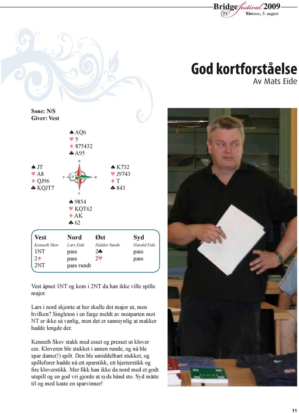 Eide 1NT pass 2 pass 2 pass 2 pass 2NT pass rundt Vest åpnet 1NT og kom i 2NT da han ikke ville spille major. Lars i nord skjønte at her skulle det major ut, men hvilken?