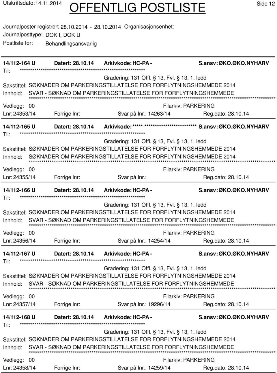 14 Arkivkode:***** ****************************** Innhold: SØKNADER OM PARKERINGSTILLATELSE FOR FORFLYTNINGSHEMMEDE 2014 00 Lnr: 24355/14 Forrige lnr: Svar på lnr.: 14/112-166 U Datert: 28.10.